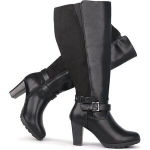 Women Black Plus Size Extra Wide Calf High Heel Dress Boot With Ankle Buckle